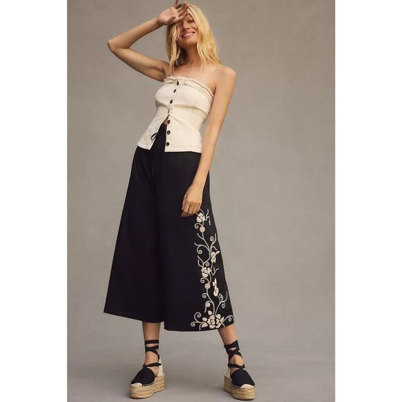 New Anthropologie Ranna Gill High-Rise Embroidered Culottes $148 SMALL Black - Picture 2 of 6